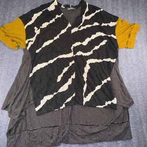 Alembika Mixed Media Tunic Top Black White Stripe Mustard Yellow V-Neck Medium